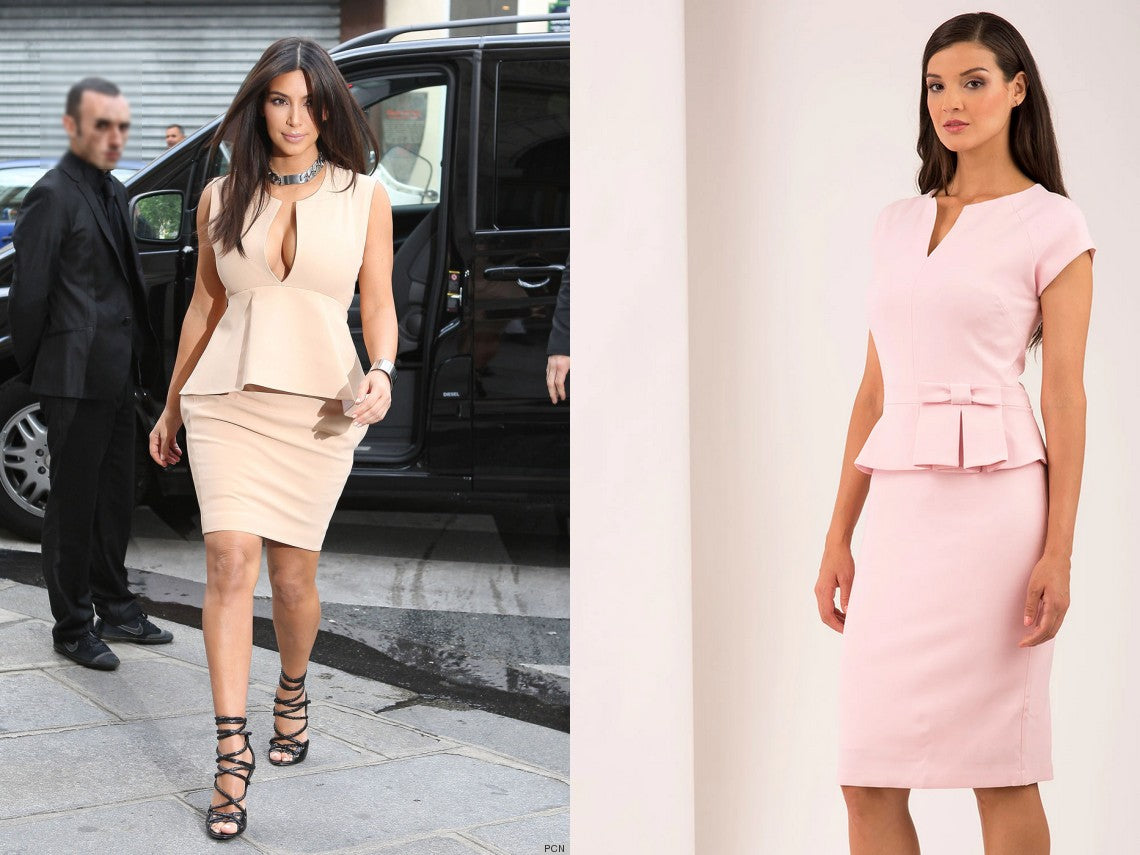 Kim Kardashian pictured wearing a baby pink, sleeveless, peplum dress - attached image shows Catwalk Diva's Baby Pink Helena Peplum Pencil Dress.