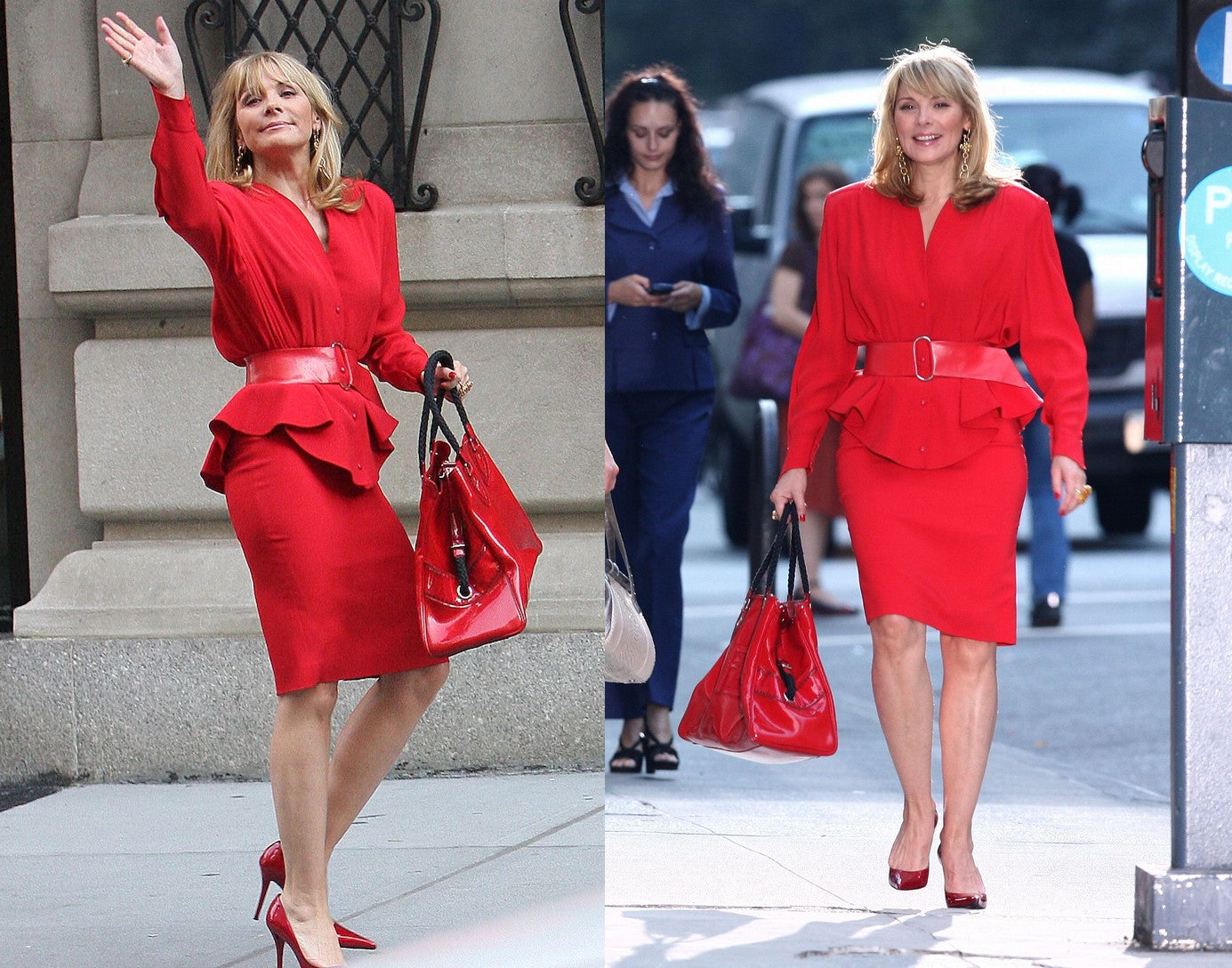 Samantha Jones wearing a Salsa Red coat and skirt, with a belt, being photographed walking in NY.