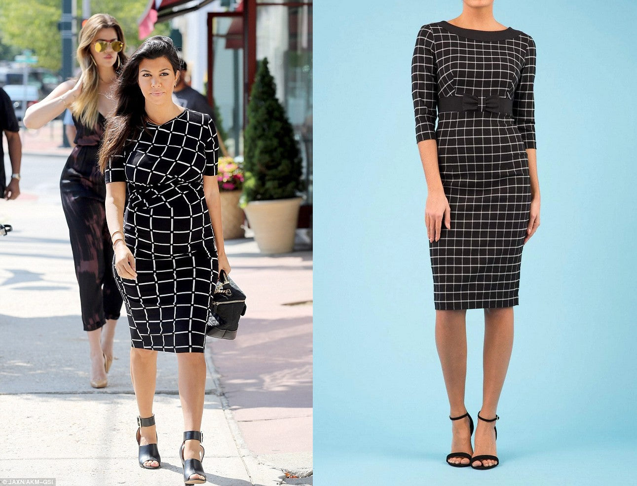 Kourtney Kardashian pictured in a black and thin-white stripe checked dress - attached image is Diva Catwalk's Pandora Check Print Pencil Dress.