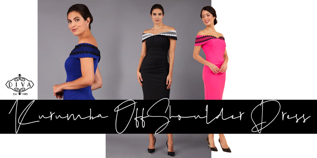 a collage image of all the available Kurumba Off-Shoulder dresses available from Diva Catwalk.com