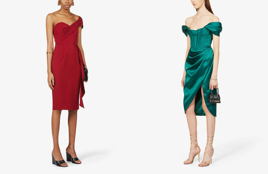 Two Website Images Showing Each Women Wearing the Lavish Alice Off Shoulder Dress and the Other Wearing the House of CB Loretta Off-Shoulder Satin Midi Dress