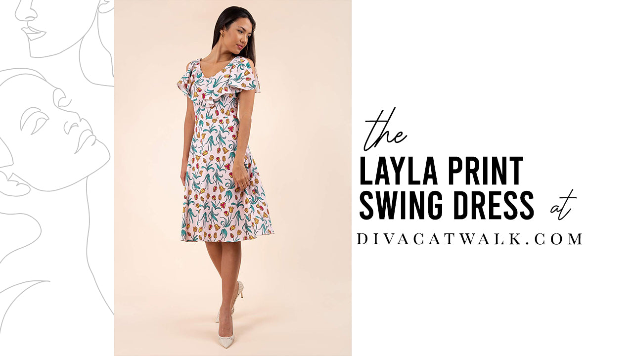 A model pictured wearing the Layla Print swing dress from DivaCatwalk.