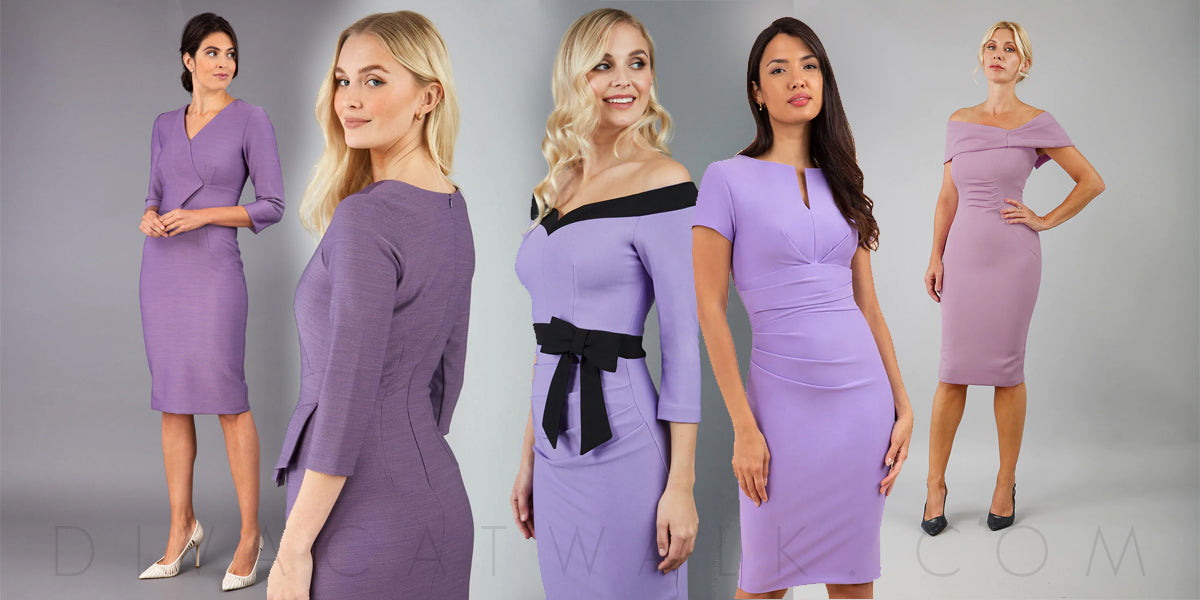 a range of photos showing Diva Catwalk models wearing 5 of the lilac dresses available on the official website!