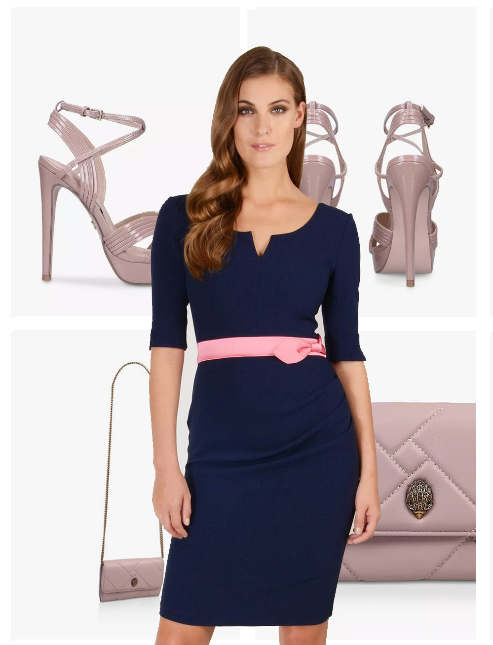 a model pictured wearing Diva Catwalk's Lilith Bodycon Dress with Ted Baker shoes and bags in images behind her.
