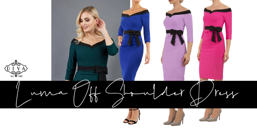 a collage image of all the available Luma Off-Shoulder dresses available from Diva Catwalk.com