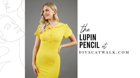 The Lupin dress, in Yellow, with text describing the dress at the side.