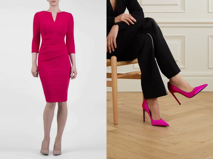 the lydia 3/4 dress pictured beside the suggest Tom Ford pink court shoes.