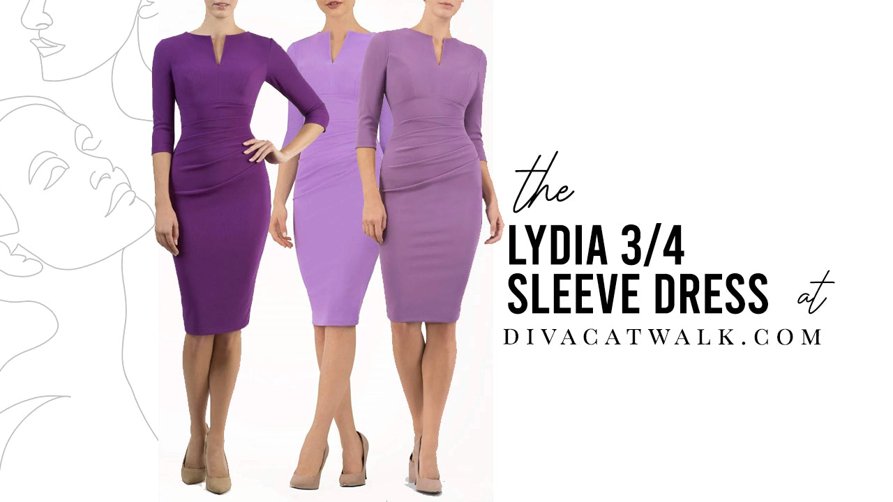 model pictures side by side showing the Lydia 3/4 Sleeved dresses in various colours with text beside them titling the dress.