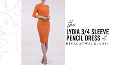 a woman model pictured wearing the Lydia 3/4 Sleeved dress in Orange with text showing the dress title.