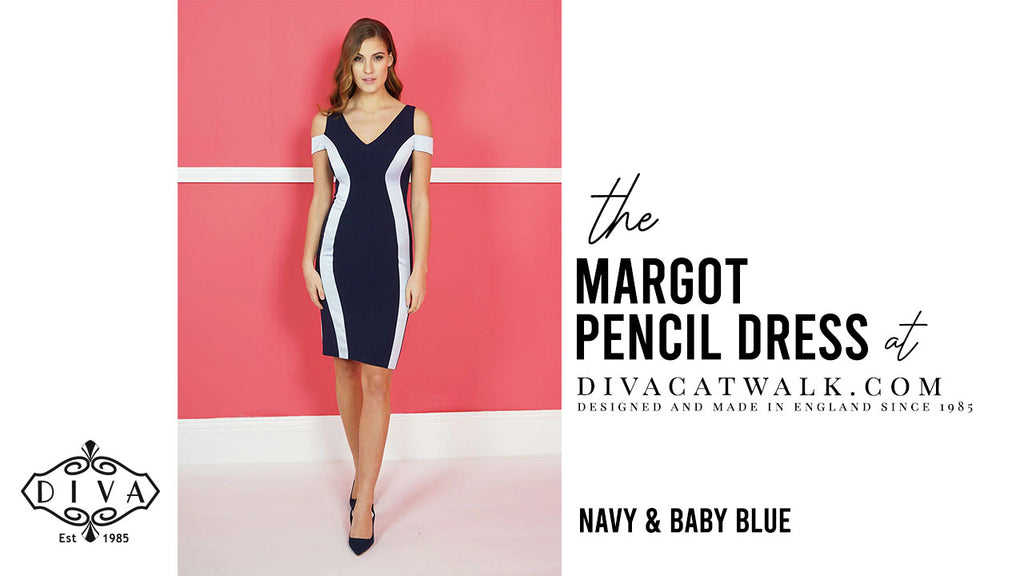  a woman model pictured wearing the Margot Pencil dress with text showing the dress title.