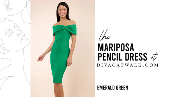   a woman model pictured wearing the Mariposa Off-Shoulder dress in Emerald Green with text showing the dress title.