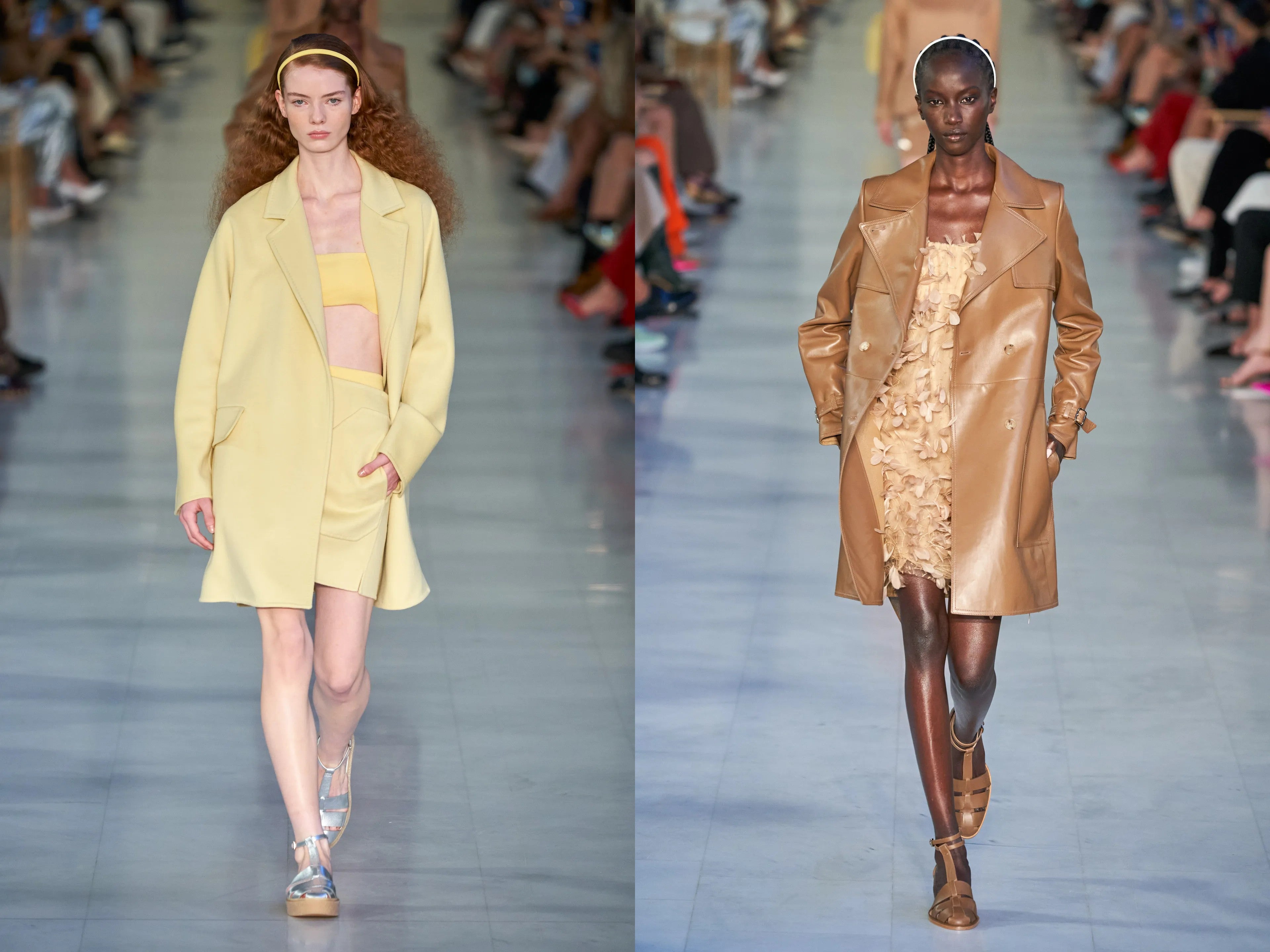 Max Mara runway models walking wearing monochrome outfits in shades of yellow and bronze.