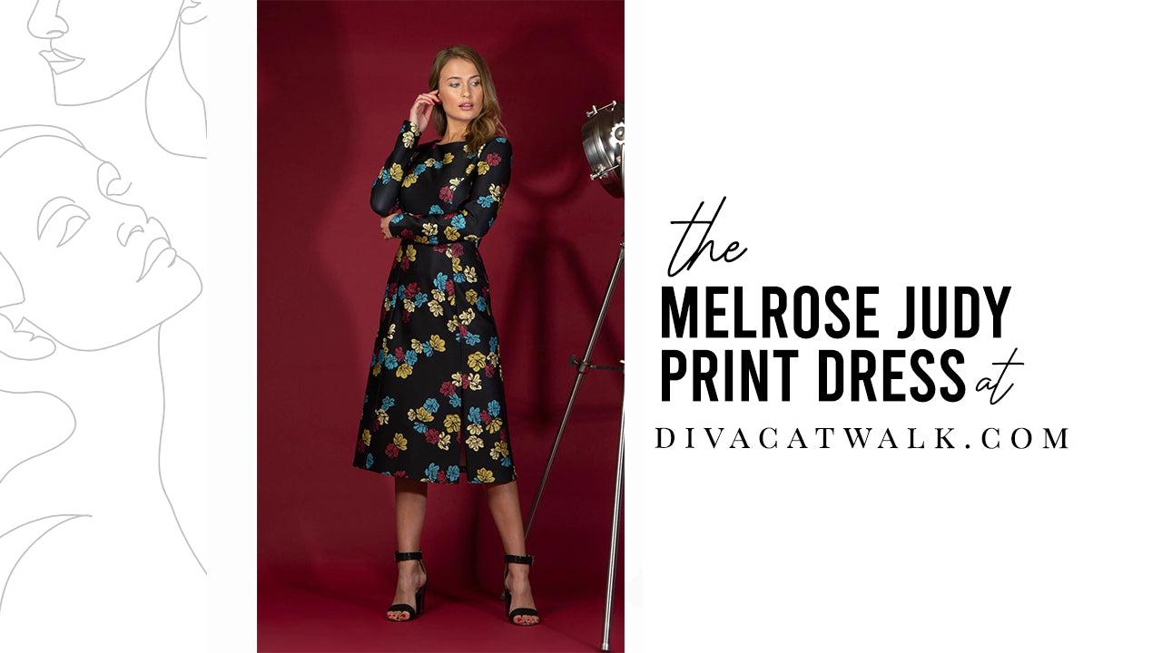 A model pictured wearing the Melrose Judy Print dress from DivaCatwalk.