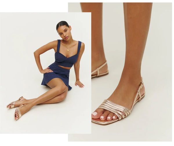 two website images side by side, showcasing a model wearing millie lattice flats 