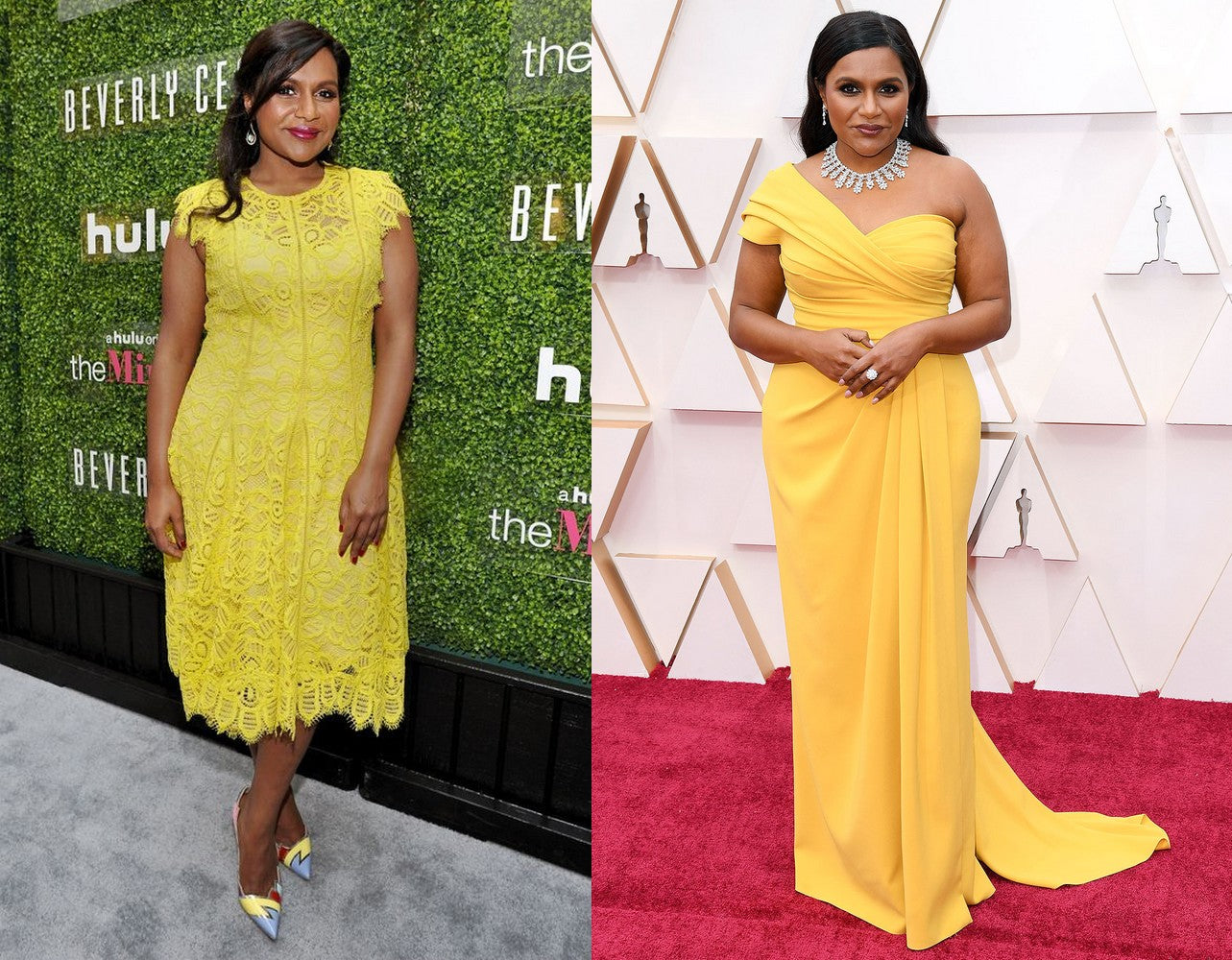 actress mindy kaling pictured at two different events wearing below-knee-length dresses in different shades of yellow.
