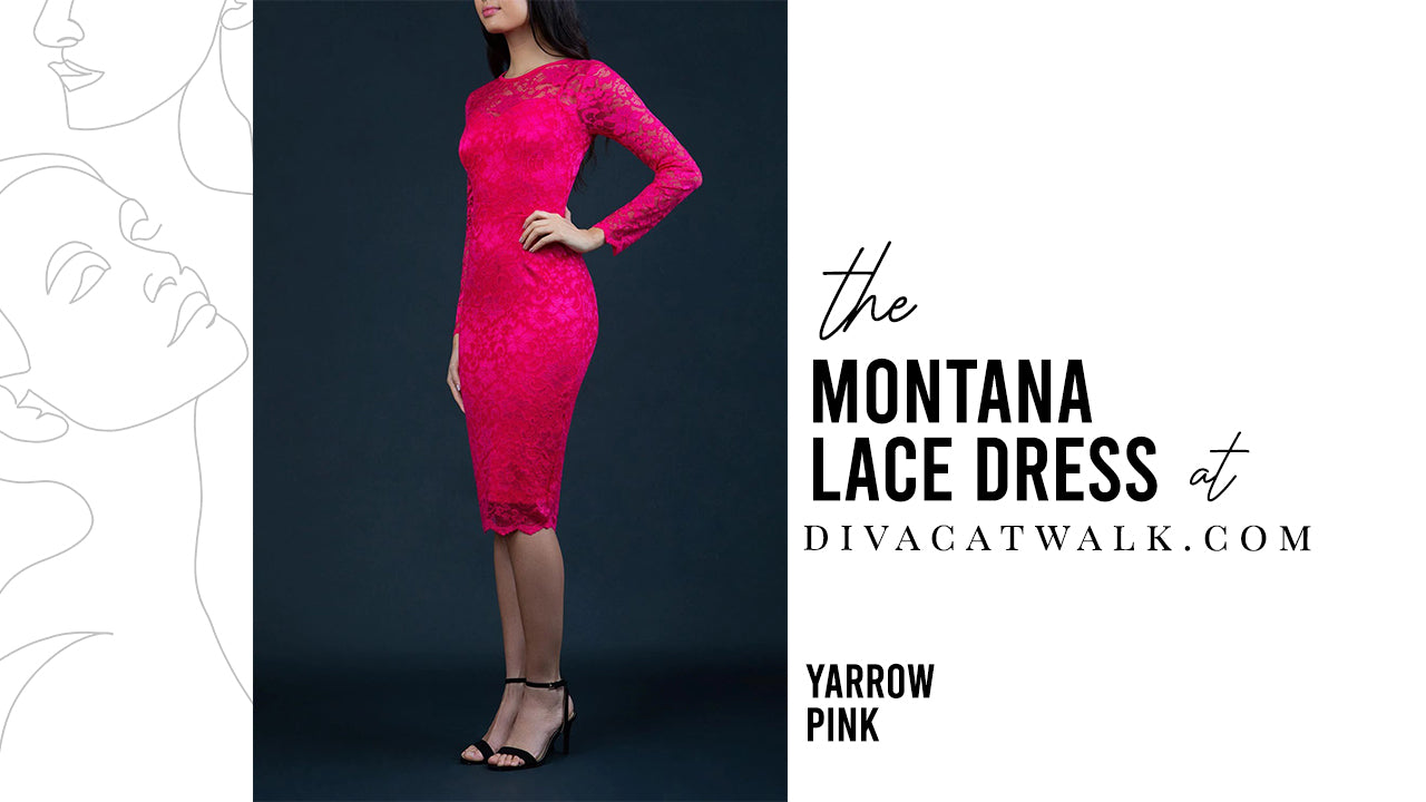  a woman model pictured wearing the Montana Lace dress in pink, with text showing the dress title.