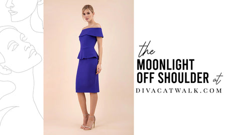
a woman pictured wearing the 'moonlight off-shoulder peplum dress' from divacatwalk.com, with text around her showcasing what the product is called.