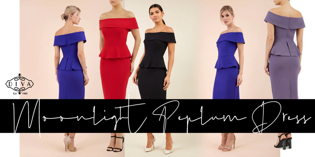 a collage image of all the available Moonlight Peplum Off-Shoulder dresses available from Diva Catwalk.com
