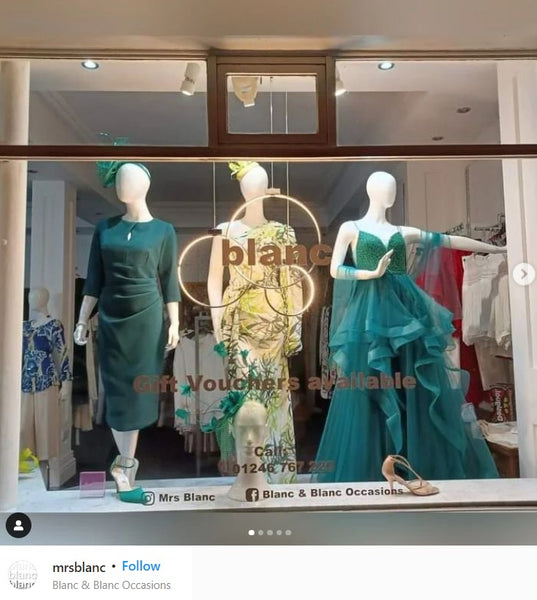 instagram screengrab from @mrsblanc showcasing an image upon their feed of shop front mannequins wearing a Diva Catwalk dresses.