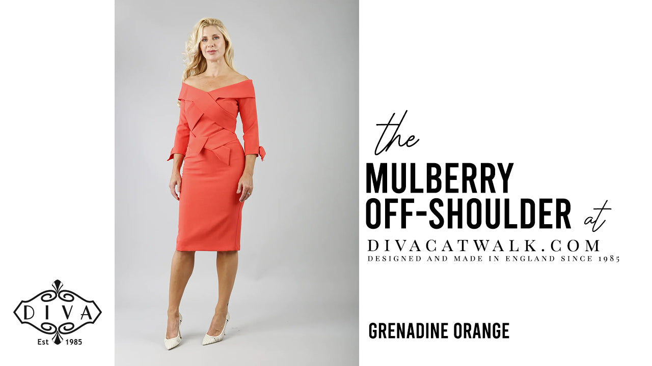  a woman model pictured wearing the Mulberry Off-Shoulder dress with text showing the dress title.