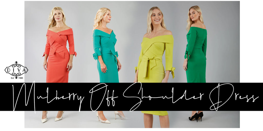 a collage image of all the available Mulberry Off-Shoulder dresses available from Diva Catwalk.com