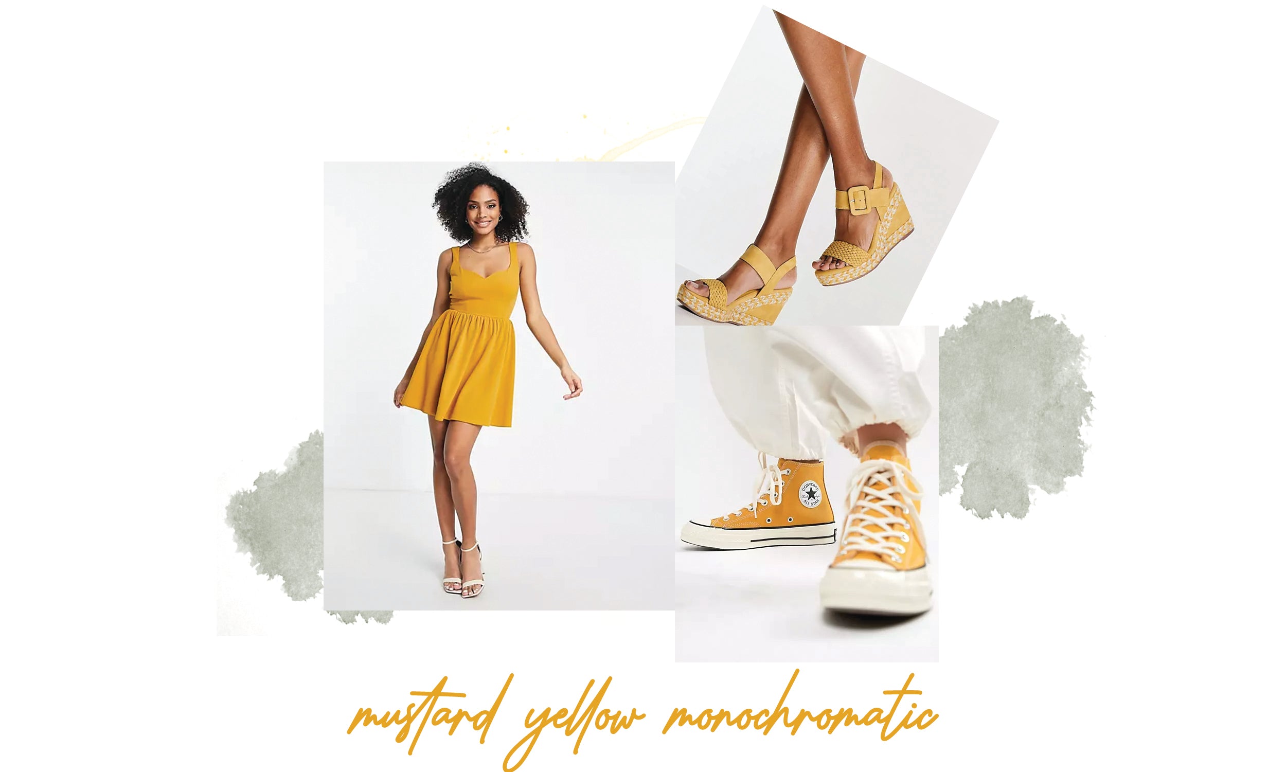 a detailed collage image showing a pair of yellow converse trainers (hightops), pumps and a short summer dress - all in different shades of yellow.