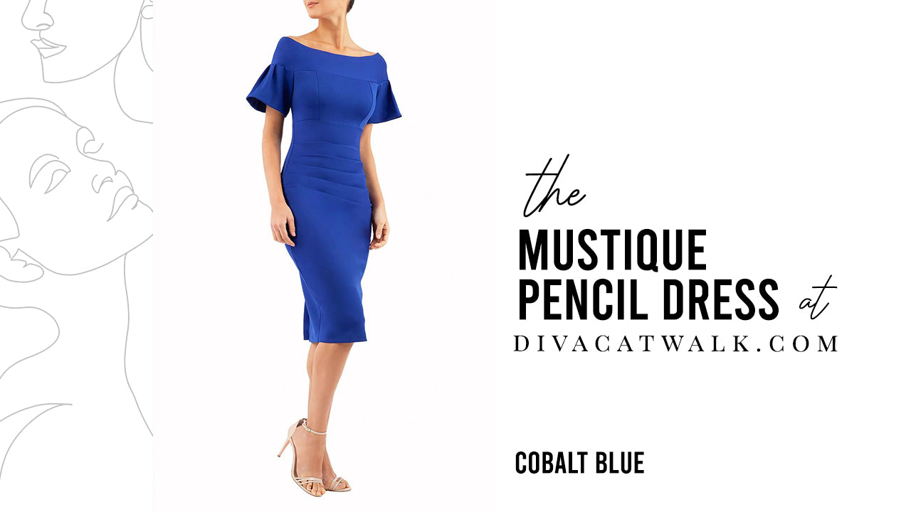 pictured is a model in the Mustique Pencil dress, from Diva Catwalk, in Cobalt Blue.