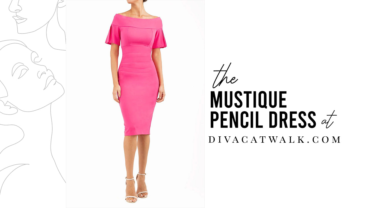  a woman model pictured wearing the Mustique dress in Hibiscus Fuchsia with text showing the dress title.