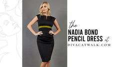 The Nadia Bond Sleeveless dress, in black, with text describing the dress at the side.