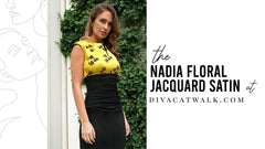 The Nadia Floral Jacquard Satin dress, in black, with text describing the dress at the side.