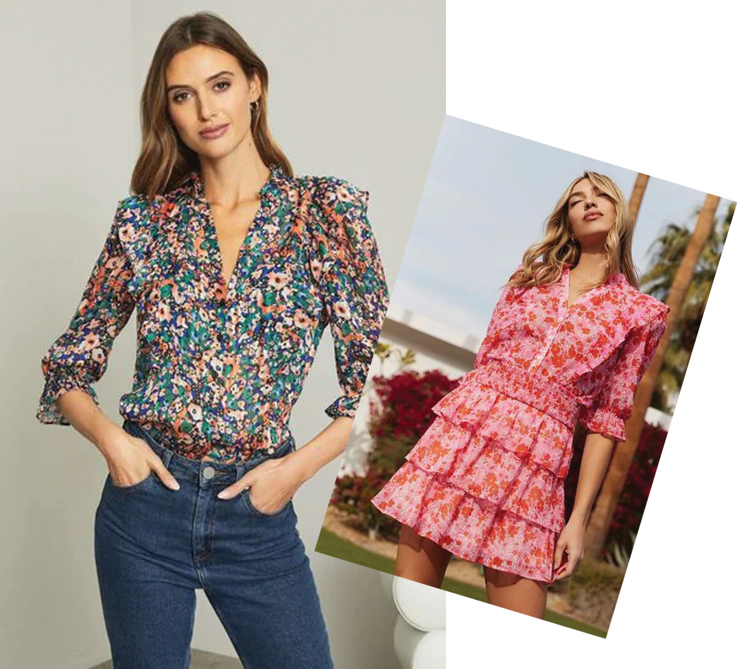 collage of two images, a model wearing a floral blouse in navy and another in pink, from Next.