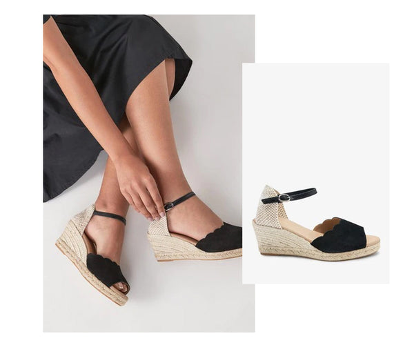  two website images side by side, showcasing a model wearing Next Woven Wedges