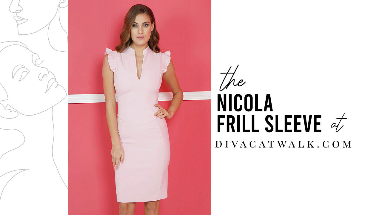 a woman model pictured wearing the Nicola Frill Sleeve in baby pink, with text showing the dress title.