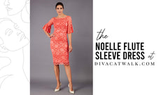a woman model pictured wearing the Noelle 3/4 Sleeved dress in Orange with text showing the dress title.