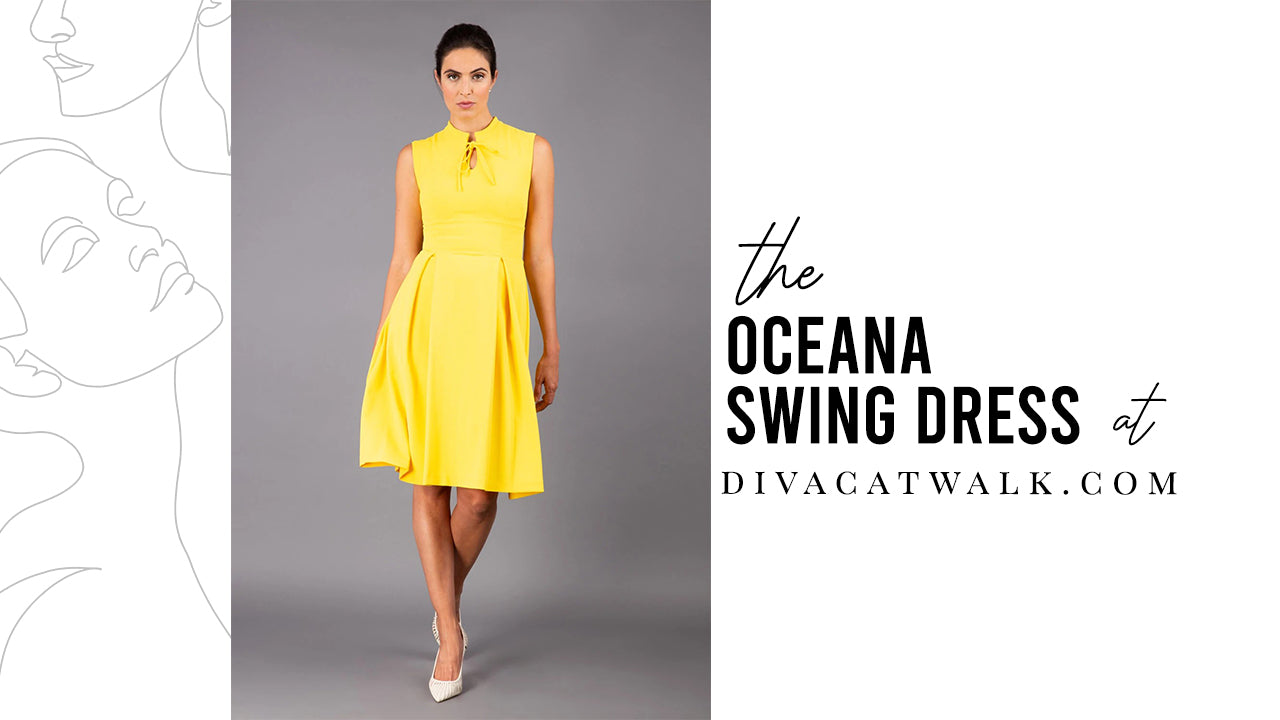 A model pictured wearing the Oceana swing dress from DivaCatwalk.