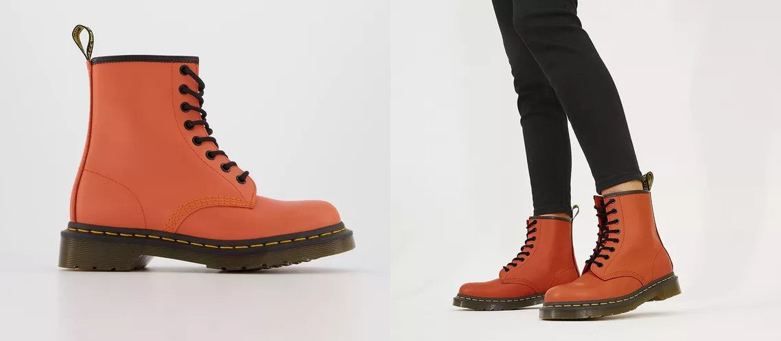 two website images side by side, showcasing a model wearing office dr martens orange smooth.