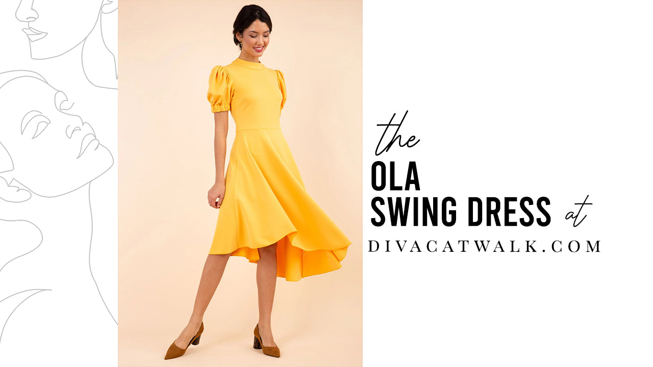  a woman model pictured wearing the Ola dress in Yellow with text showing the dress title.