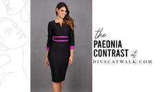 The Paeonia dress, in black, with text describing the dress at the side.
