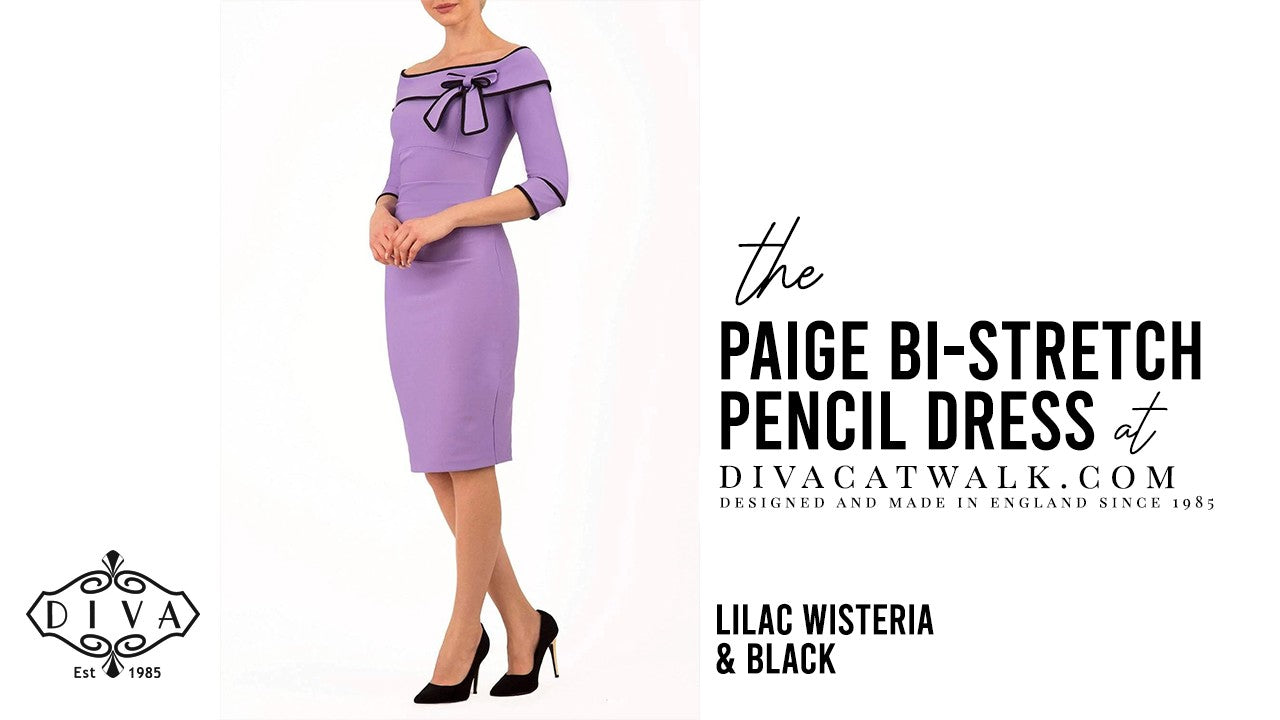  a woman model pictured wearing the Paige Bi-Stretch dress with text showing the dress title.