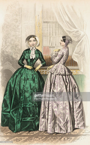 a drawing of two women pictured showing parisian fashion in the 1840s