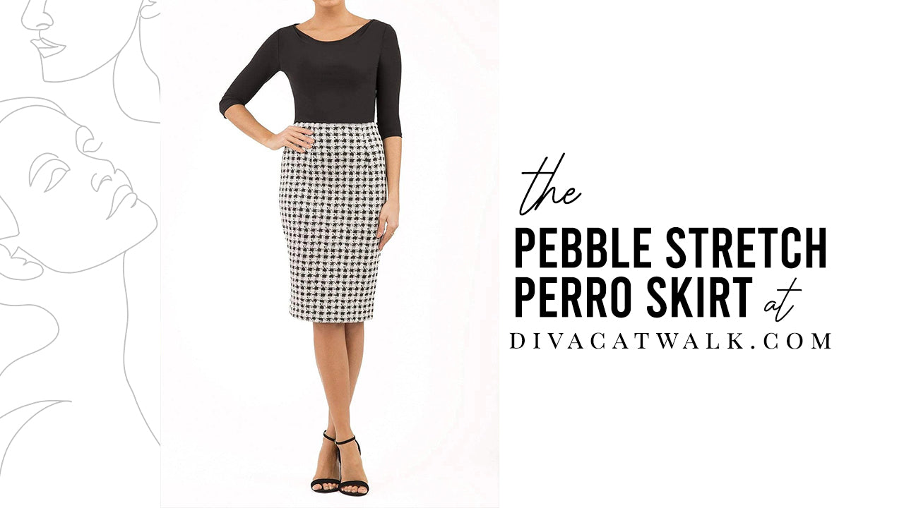 model pictured wearing the Pebble Stretch Pencil Skirt from Diva Catwalk - with text detailing the name of the item.