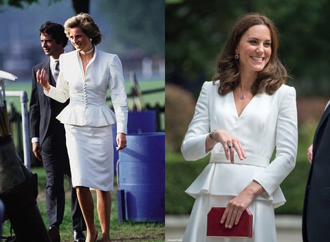 Two photos side by side of both Lady Diana Spencer and Kate Middleton - both wearing a similar white peplum suit.
