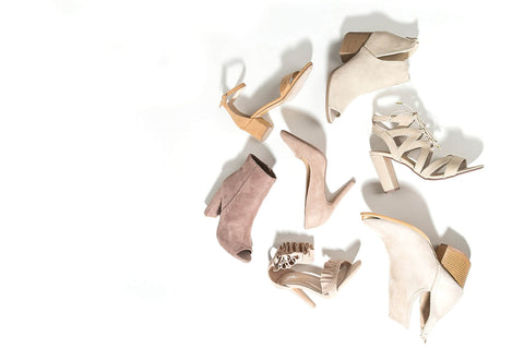 an assortment of blush pink heeled shoes