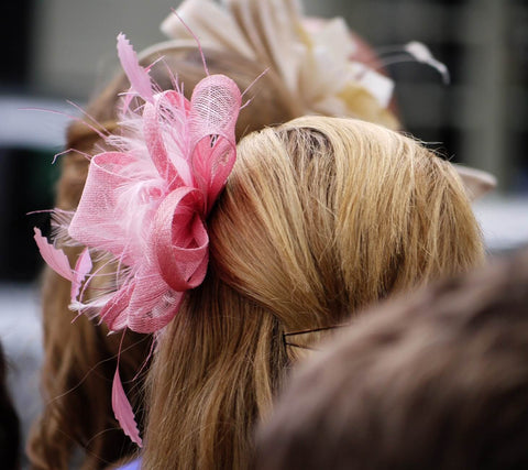 photograph of the back of a woman's head wearing a pink fascinator 