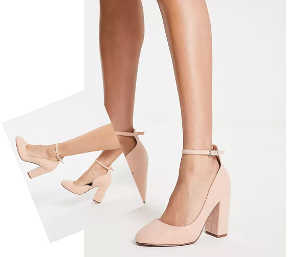  two website images side by side, showcasing a model wearing Placid Block Heel