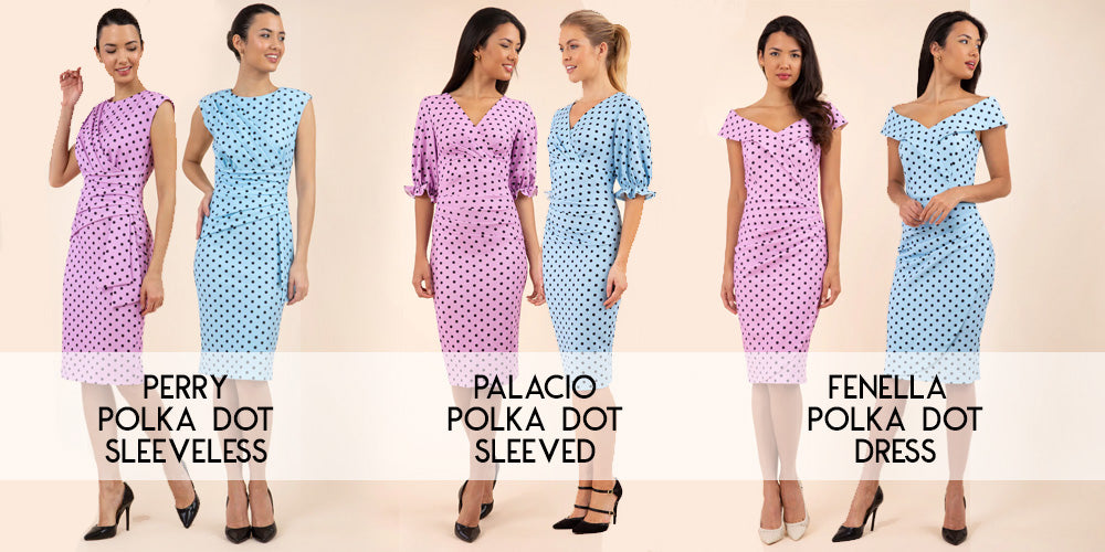 a blend of images showcasing the polka dot dresses available from Diva Catwalk.com