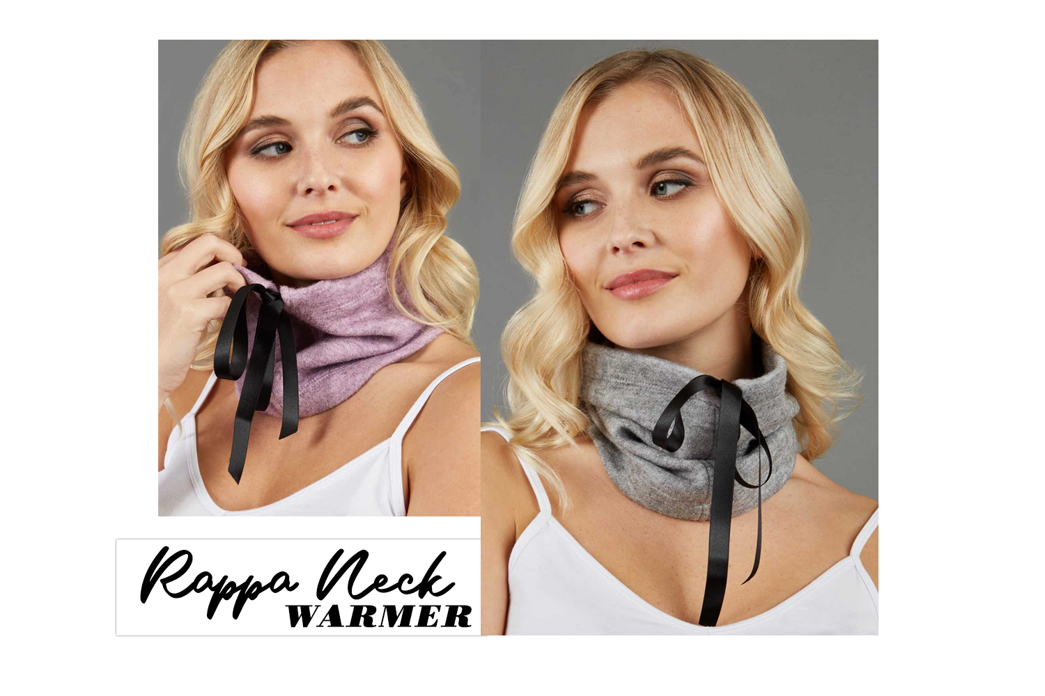 two images combined into one edit, of a model wearing the rappa neck warmers in both grey and lavender.