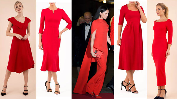 4 red diva catwalk pencil dresses and an image of meghan markle in a similar red dress