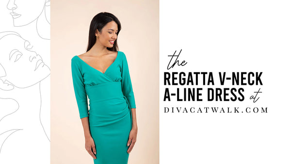   a woman model pictured wearing the Regatta V-Neck Dress dress in Emerald Green with text showing the dress title.
