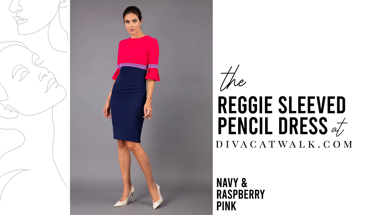  a woman model pictured wearing the Reggie dress in raspberry pink and navy with text showing the dress title.